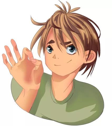 Rysunek przedstawiający chłopca pokazującego literę "o" w polskim języku migowym 