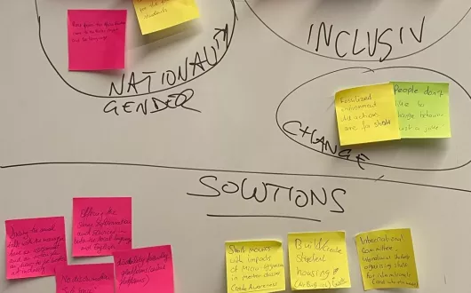 Kolorowe karteczki "post-it" przyklejone do białej tablicy. Na tablicach notatki.