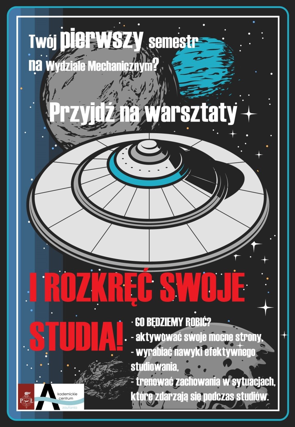 Na rysunku wirujący talerz UFO i napis: "Rozkręć swoje studia"