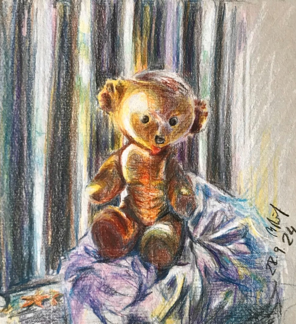 A colourful drawing showing a teddy bair sitting in a dark place with a ray of light over its body 