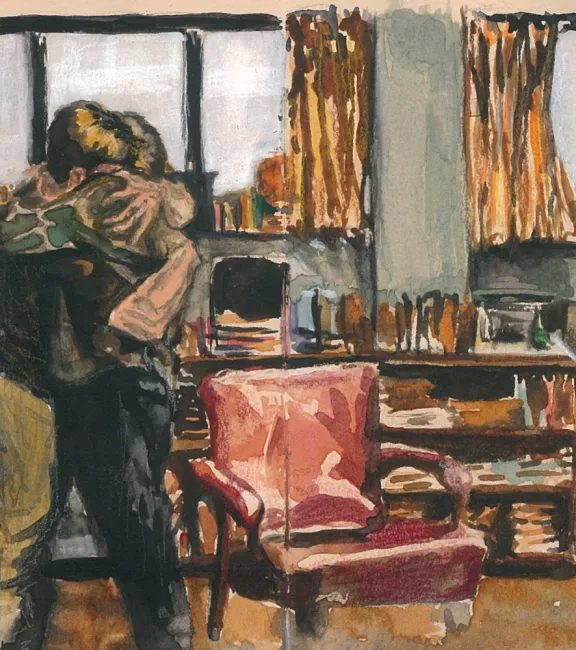 ilustracja przedstawiająca dwóch mężczyzn przytulających się w pokoju pełnym mebli i książek