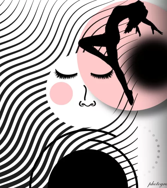 Collage przedstawiający sylwetkę kobiety uniesioną w powietrzu na tle z kręgów. W jeden z kręgów wpisana twarz. Autor: Magdalena Konat
